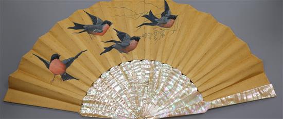 A French fan with mother of pearl sticks and painted with birds, in original retailers box